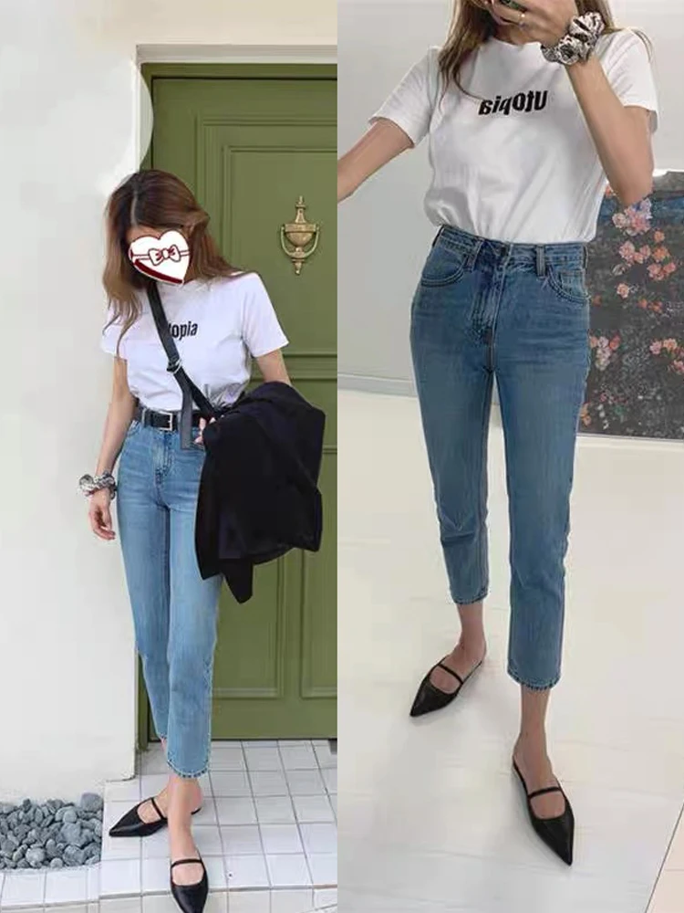 Light Blue Straight Leg Jeans Women's 2024 All-match Ladies Cargo Streetwear Denim Pants Korean Fashion Boyfriend Denim Vintage