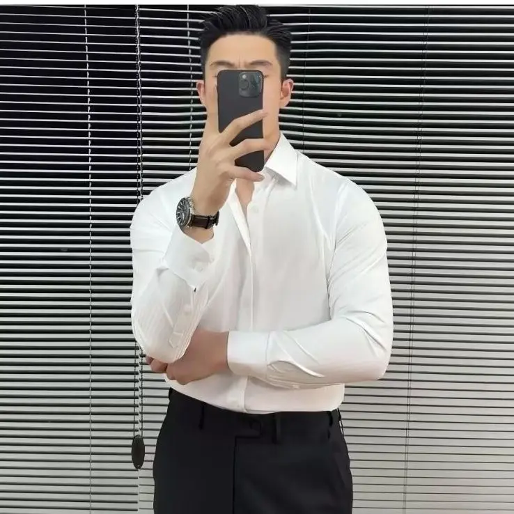 

Новая мужская рубашка без глажки с узором K, белая, деловая, приталенная, повседневная, с длинным рукавом, модная, из хлопкоподобного волокна Regency Fiber