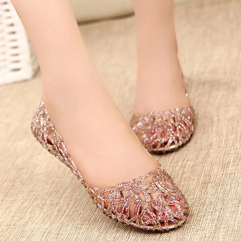 Women Jelly Sandals Ladies Hollow Out Mesh Crystal Bling Flats Shoes Female Fashion Casual Breathable Woman Comfort Shoes Hot