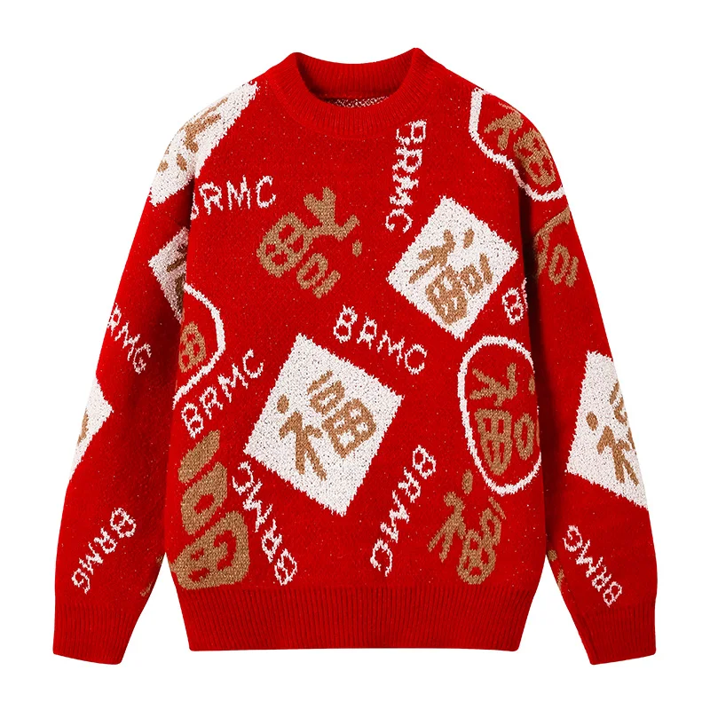 

New Fashionable Red Pullover Sweater for Autumn and Winter Couples Loose Simple Natural Round Neck Thick Knit Sweater
