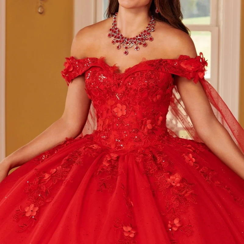 Red Sweet Quinceanera Dresses Ball Gown For Mexico Girls Applique Lace Beads With Cape Birthday Party Dress Vestidos De 15 Años