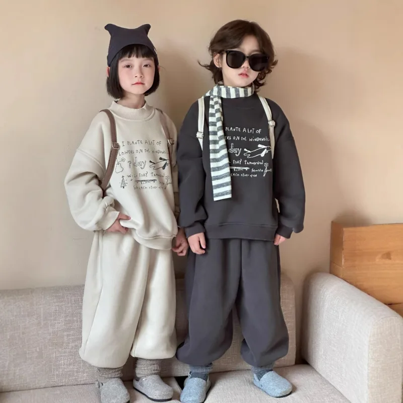 

Осенне-зимний детский флисовый комплект из 2 предметов, толстый теплый свитшот из альпаки с принтом для мальчиков и девочек, брюки-пуловеры, брюки для детей 3-12 лет