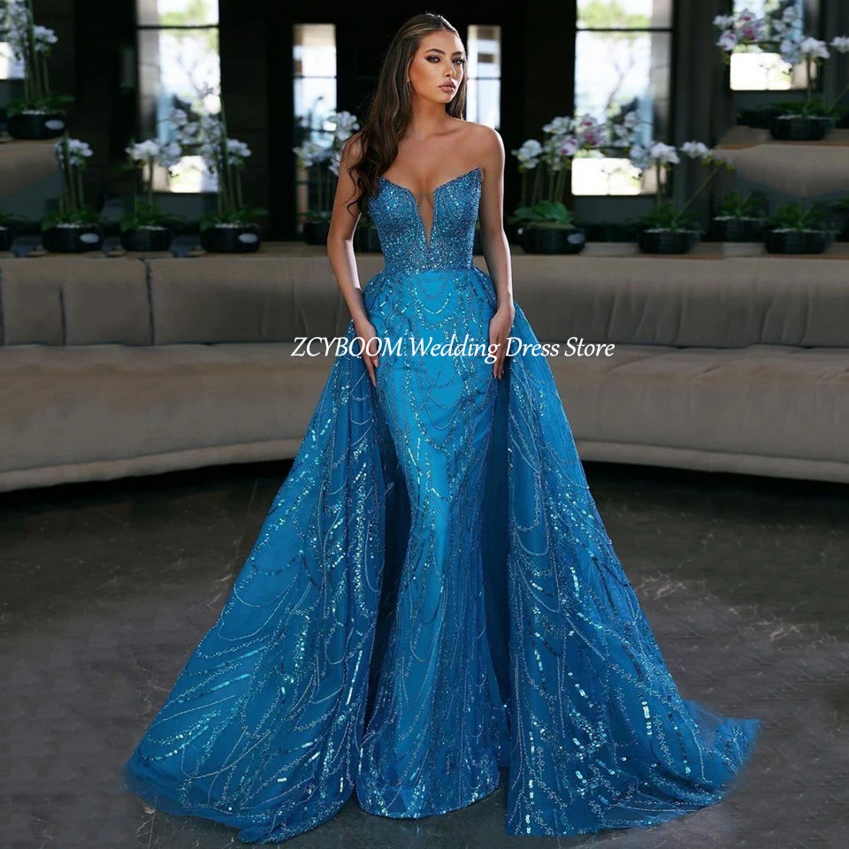 Customized V-Neck Sequin Open Back Sleeveless Evening Dress 2023 Mermaid Floor Length Detachable Sweep Train Party Prom Dress