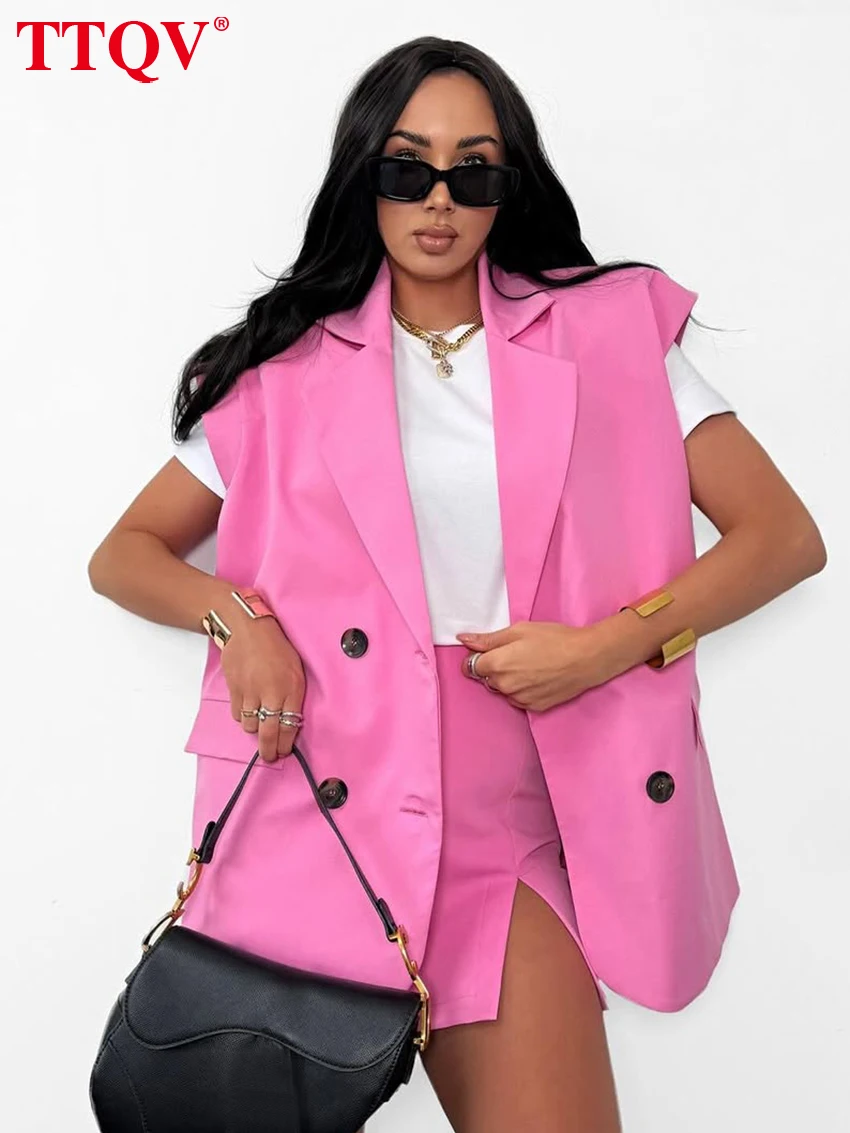 

TTQV Fashion Loose Pink Women's Two Pieces Set 2026 Elegant Sleeveless Tank Top With High Waist Mini Skirt Set Female Clothing
