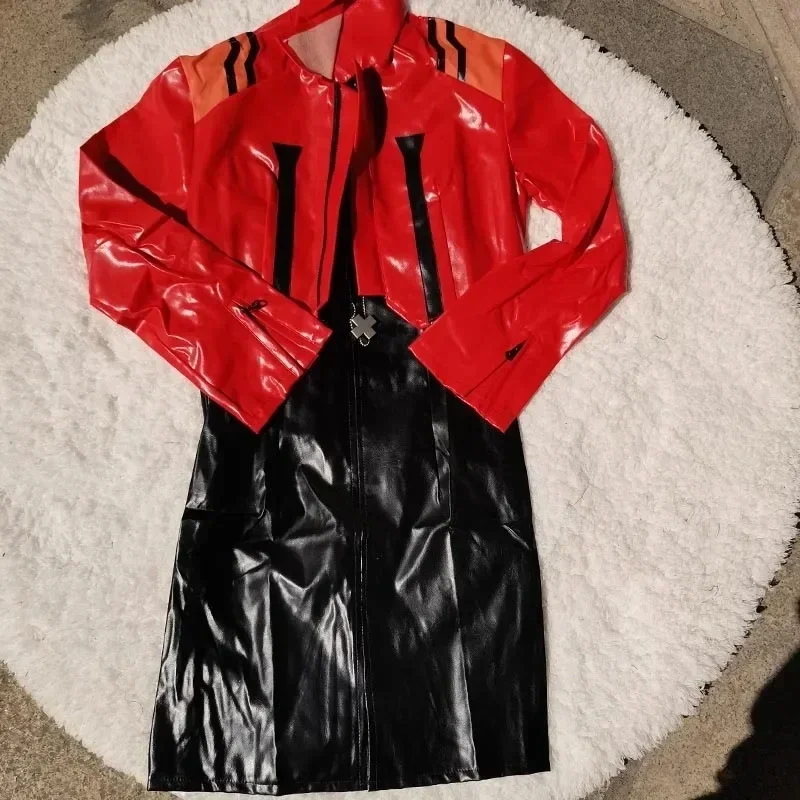 Katsuragi Misato Cosplay Costume Set PU Leather Red Jacket Dress & Necklace Anime Uniform for Halloween Comic Con*.1