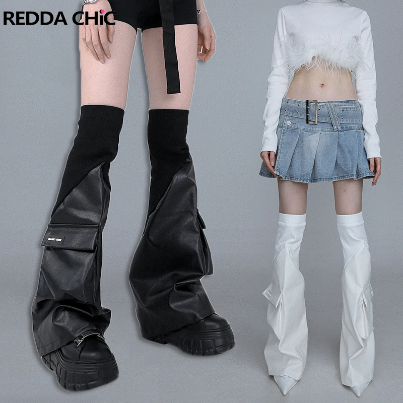 

REDDACHiC Function Pockets Black White Women Leg Warmers Leather Knit Stitch Boots Cover Thigh-long Socks Goth Grunge Y2k Gaiter