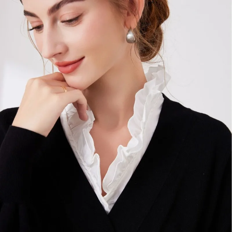 Women's Fall Winter Sweater As Base Layer with Decorative V-shaped Ruffles and Double Wooden Earflaps Layered with A Fake Collar