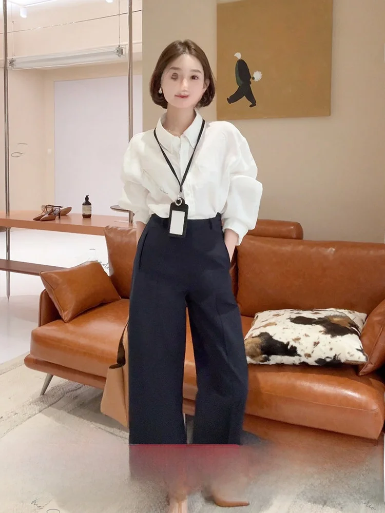

High Waist Straight Leg Cotton Blend Casual Pants Women's Commute Fashion Trousers Three Colors Must Have Elegant Casual Pants