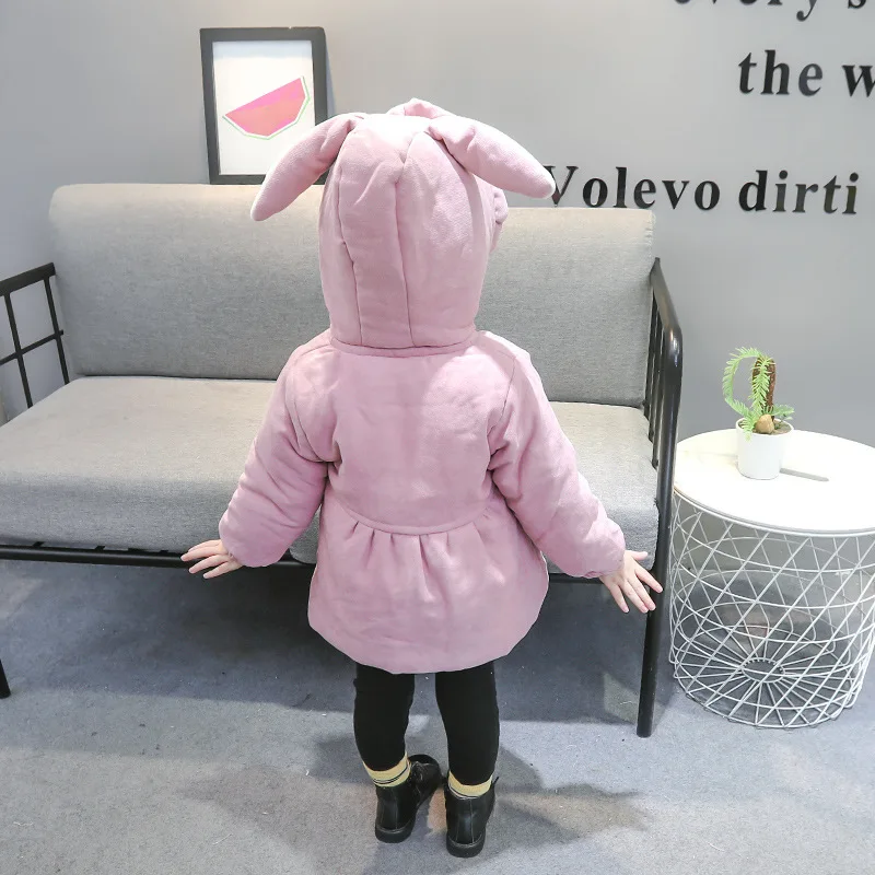 Summer New Baby Girls Coat Cotton-Padded Jacket Little Rabbit Ears Hooded And Fleece Thick Coat Flower Sweet Coat