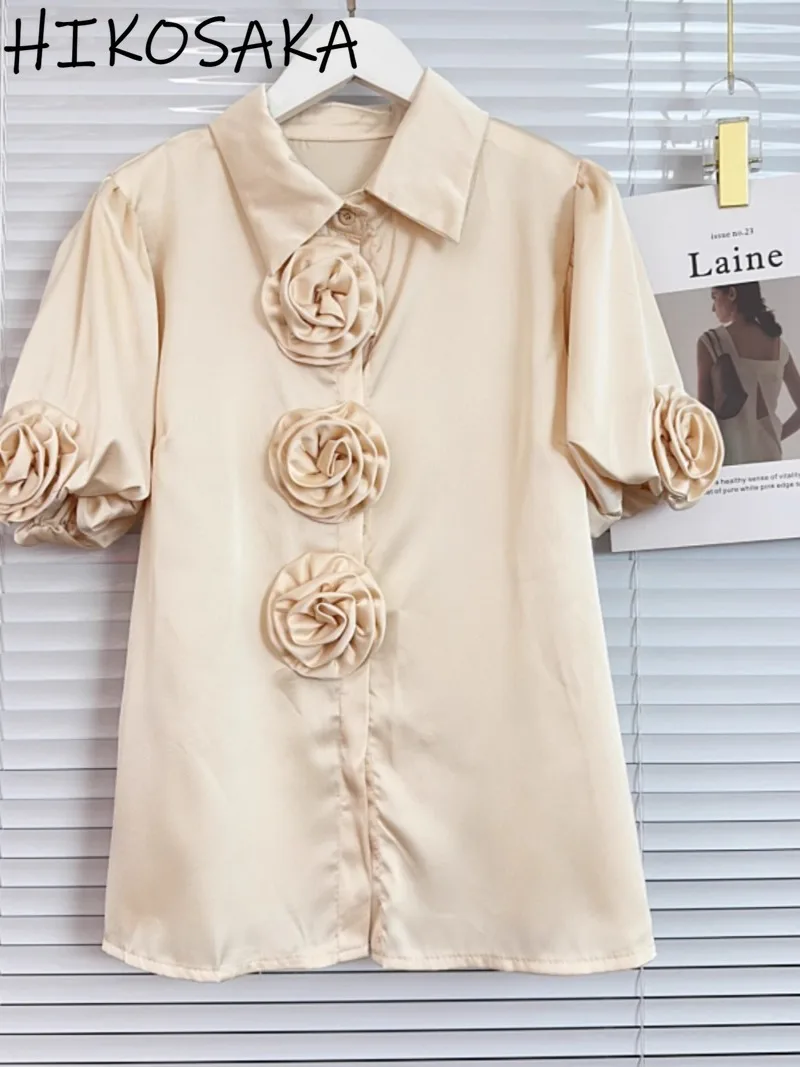 2024 French Style Light Luxury Blouse Women Three-dimensional Flower Puff Sleeve Lapel Shirts Solid Tenperament Elegant Blusas