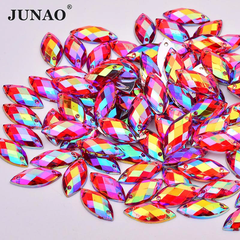 JUNAO 500Pcs 7*15mm Sewing Aquamarine AB Horse Eye Acrylic Rhinestones Leaf Shape Flat Back Strass Stone For Women Dress