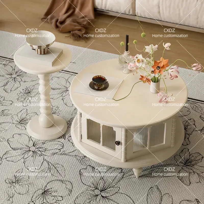 cream white solid wood round coffee table 0.8 meters small apartment living room plus hard American tea table sofa