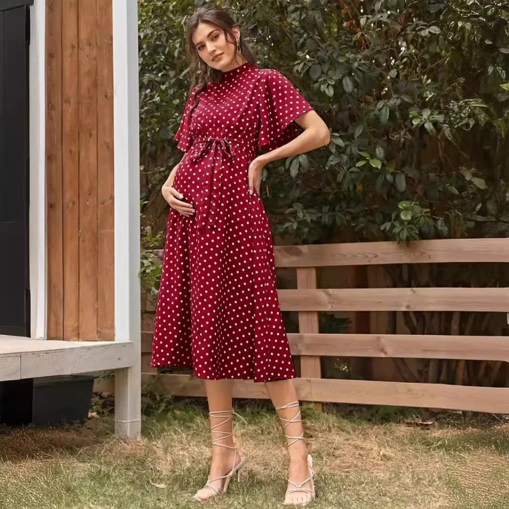 

Модные платья для беременных, одежда для беременных с короткими рукавами на бретельках, шифоновое платье в горошек для беременных, одежда для беременных