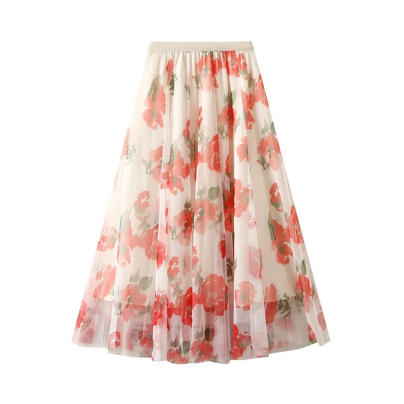 Printed half length skirt, A-line umbrella skirt, summer 2024 new women's clothing, medium length, high waist, slimming effect