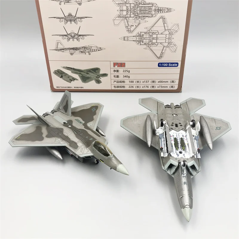 F-22 de combate de aleación a escala 1/100, avión de la Fuerza Aérea de los Estados Unidos F22, modelo de simulación fundido a presión, regalos para