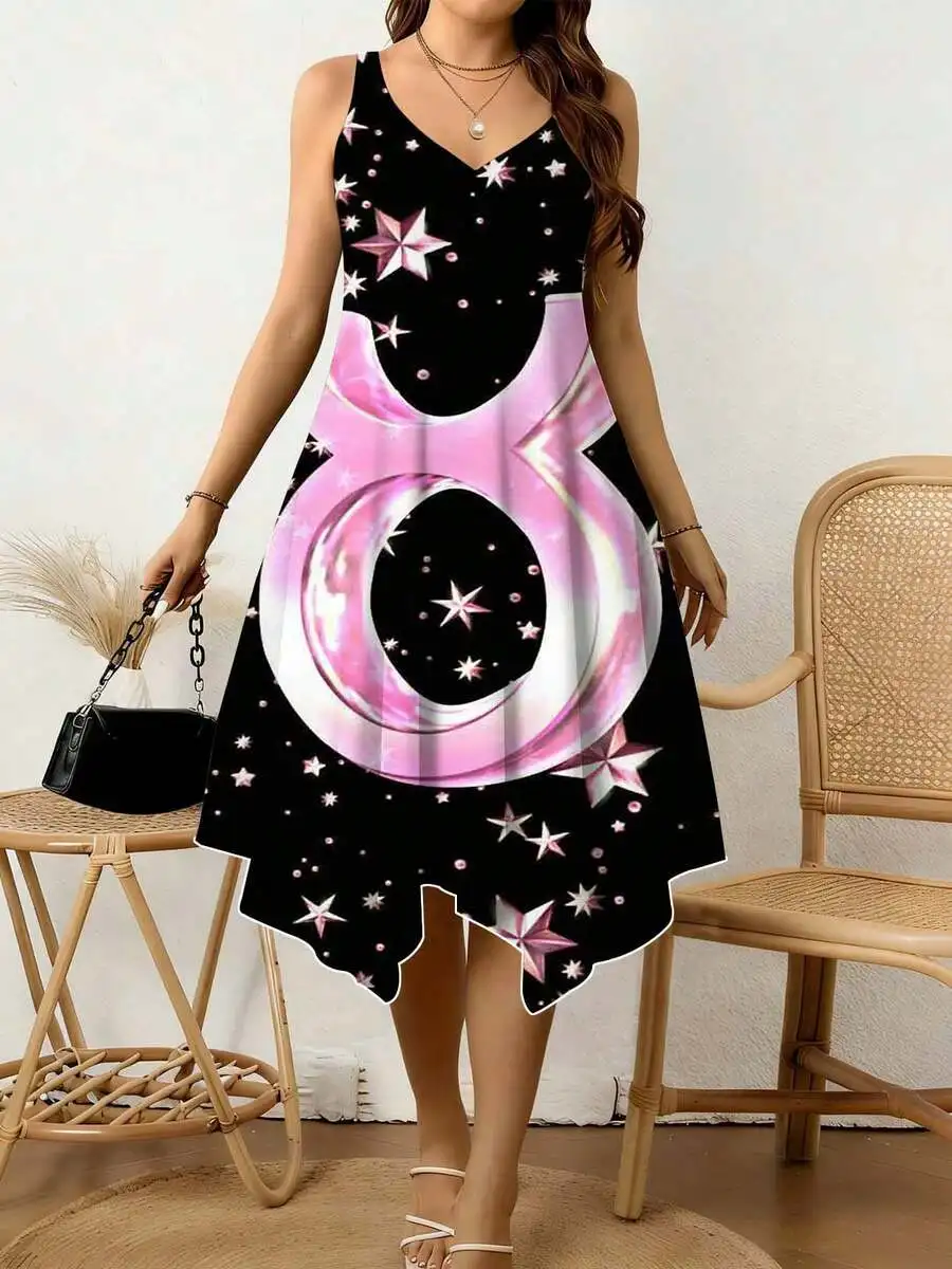 

Women V Neck Irregular Hem Dress With Leo Zodiac Star Print Summer Casual Party Wear