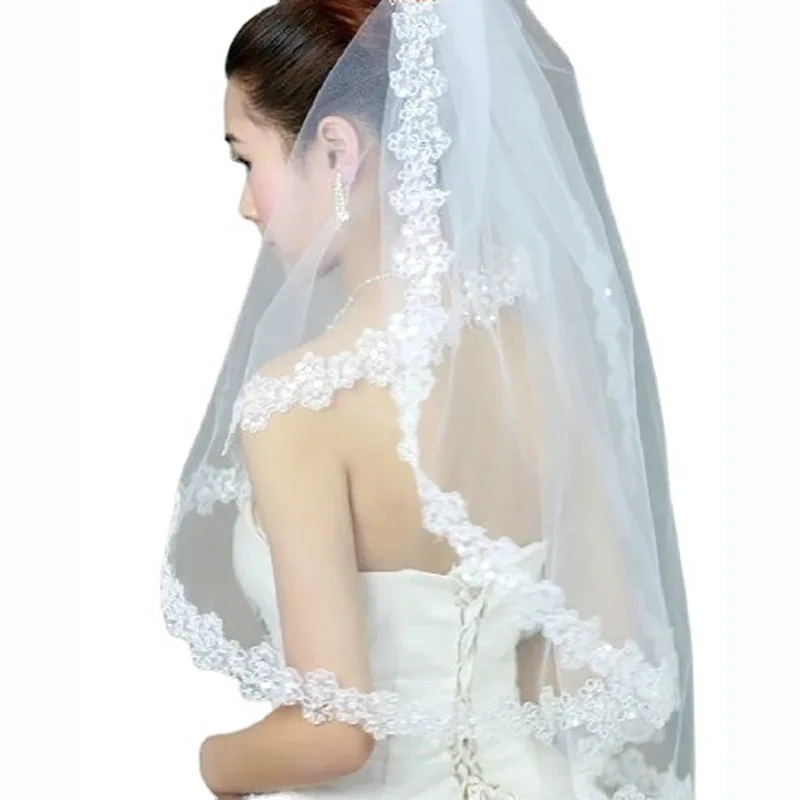 

White Ivory One Layer Bridal Veils with Sequins Edge Bride Accessories Short Women Wedding Party Veil