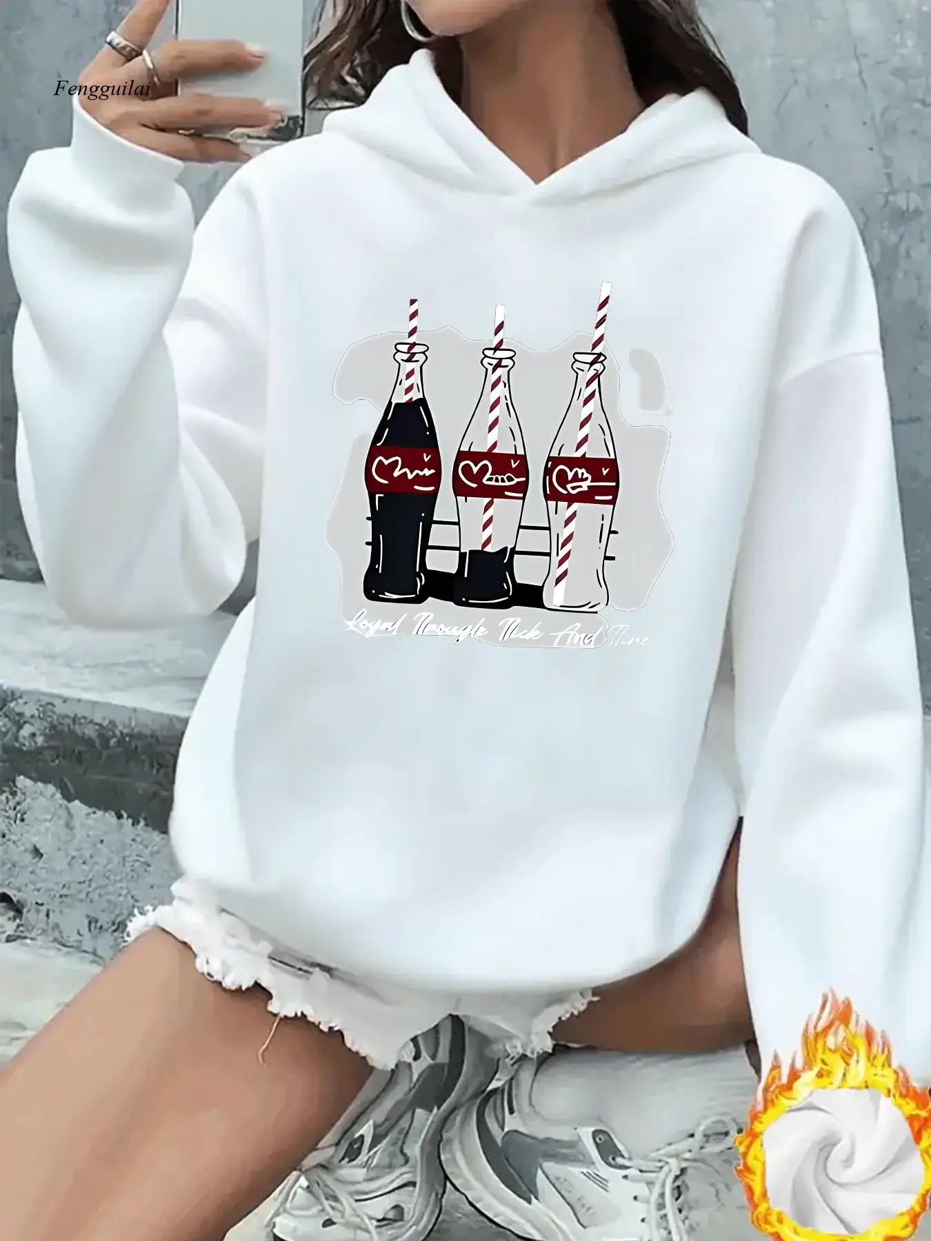 

Cola Print Fleece-Lined Hooded Sweatshirt - Winter Warm Long-Sleeved Casual Pullover, Comfortable Solid Color