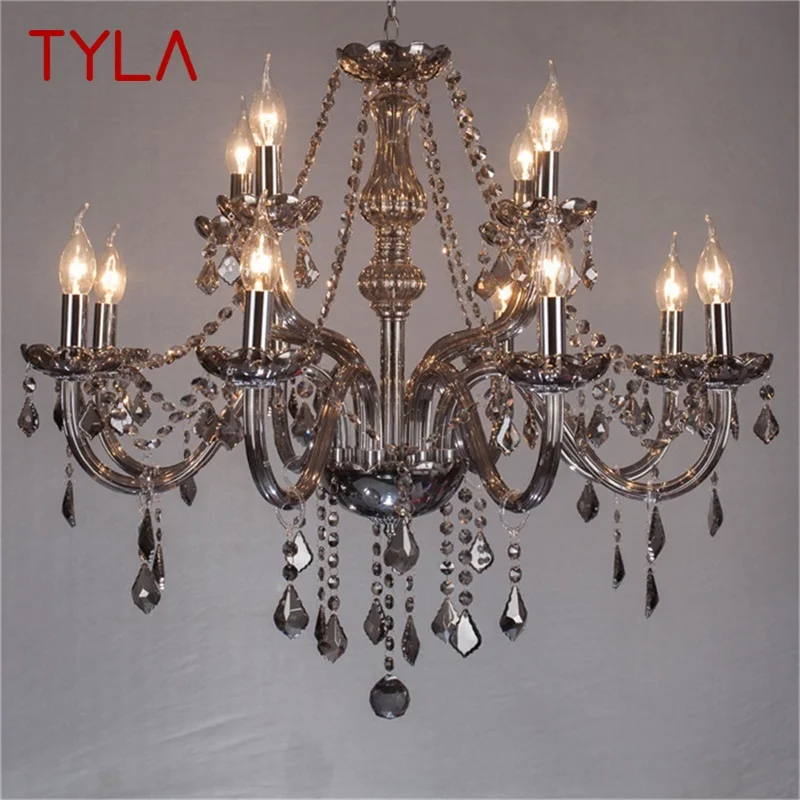 TYLA Modern Chandelier LED Candle Pendant Lamp Crystal Smoky Grey Lighting Fixtures Indoor for Home Hotel Hall