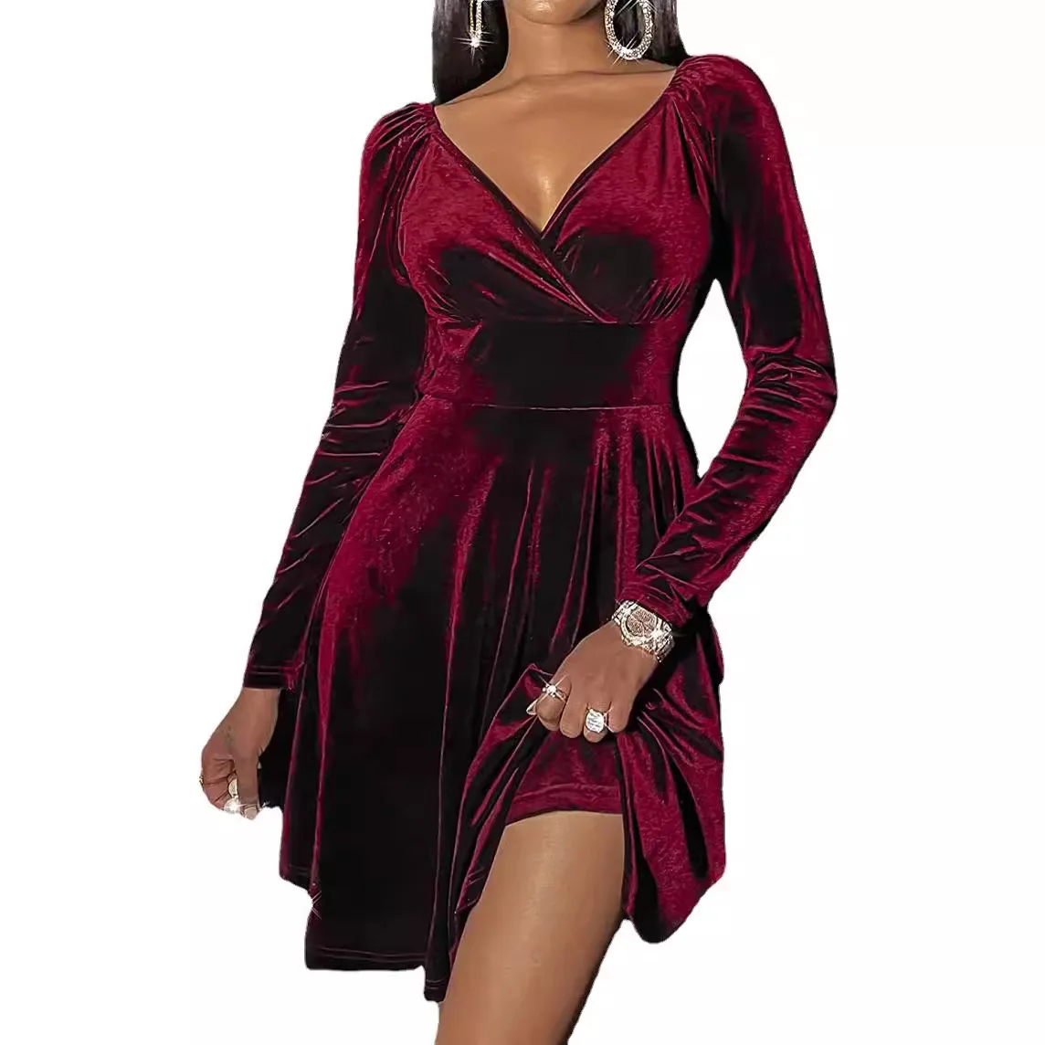 

Women Elegant Long Sleeve Party Evening Velvet Slim Dress Office Lady Solid Midi Dress Autum Wimter Fashion Short Sundress