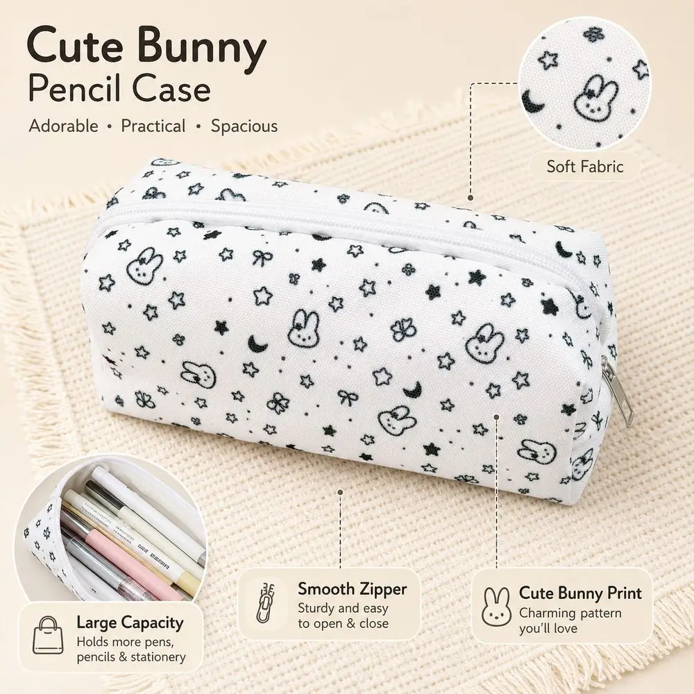 Cartoon Bunny Pencil Case Star Moon Pattern Large Capacity Pencil Pouch Zipper Closure White Zipper Pencil Case