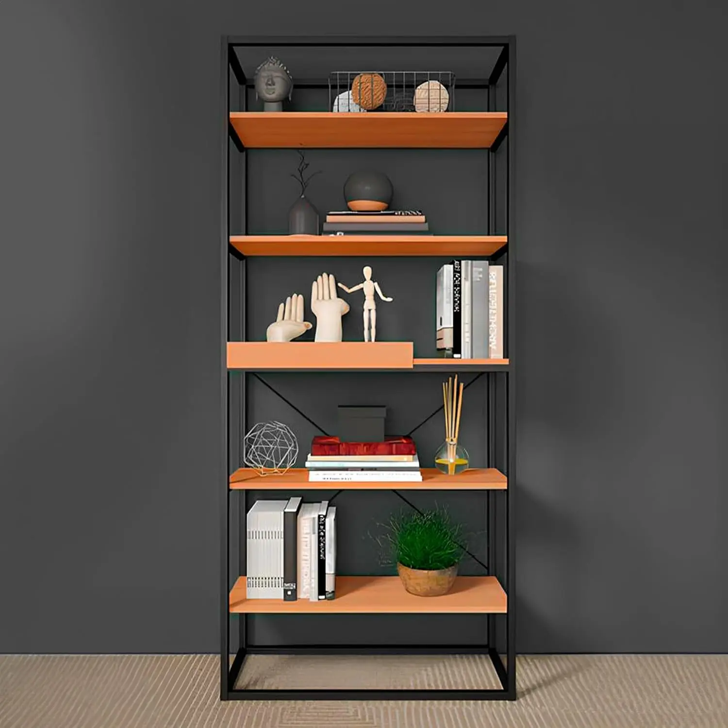 Maple Bookcase with Black Steel Frame, Stylish & Durable Storage Shelf for Home Office, Ready to Assemble, Customized