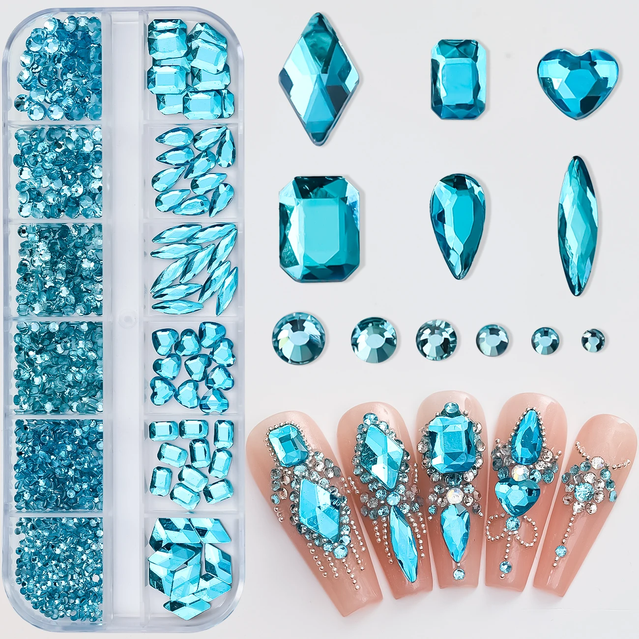 12 Grilles SS4-SS16 Lac Bleu Clip Nail Strass Mix Forme Flatback Nail Charmes Brillants Charmes D'ongles Diamant Bijoux De Luxe