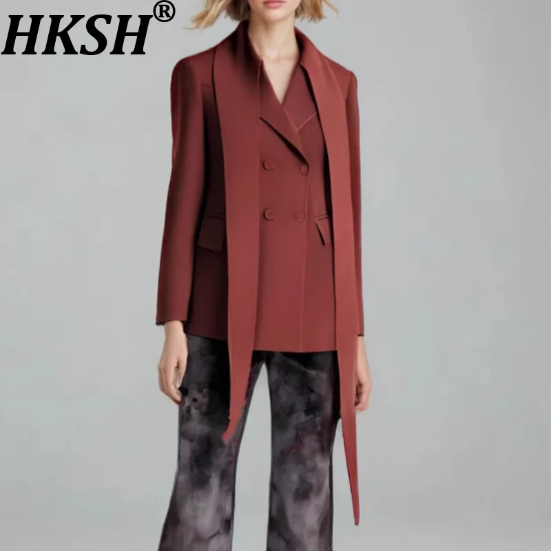 

HKSH весенне-осенний новый женский пиджак, однотонный двубортный карманный облегающий темпераментный элегантный офисный женский пиджак HK11272
