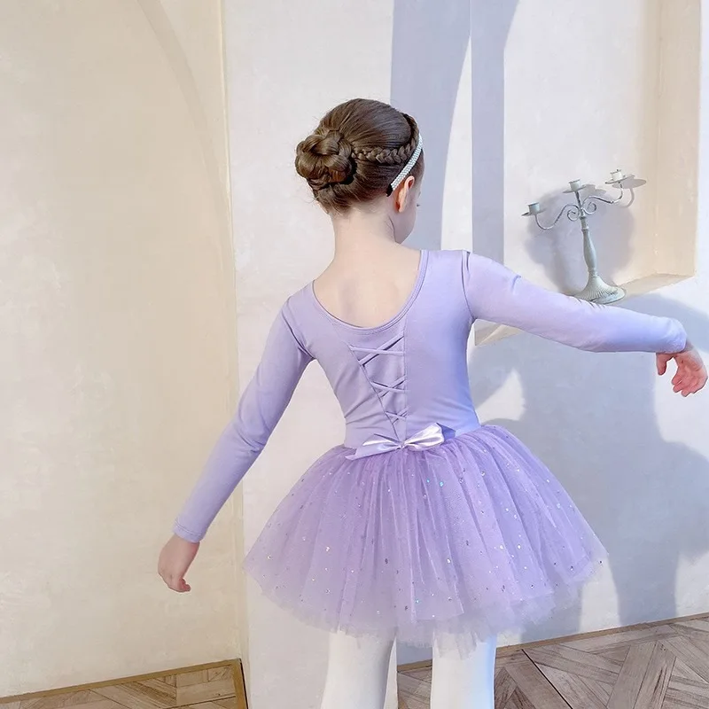 Girls Ballet Sequined Tulle Dress Long Sleeve Purple Dance Costume Soft Comfortable Daily Practice Stage Casual Dance Outfit view 5