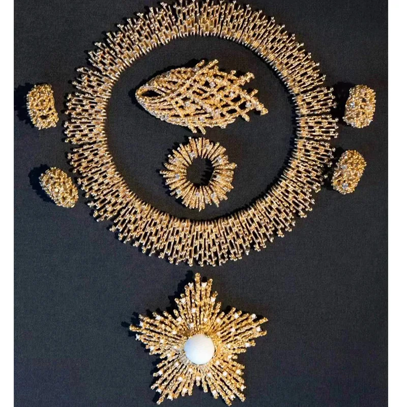 French Vintage Lava Firework Jewelry Set Gold Plated Hollow CZ Stone Star Pearl Necklace Choker Brooch Earrings