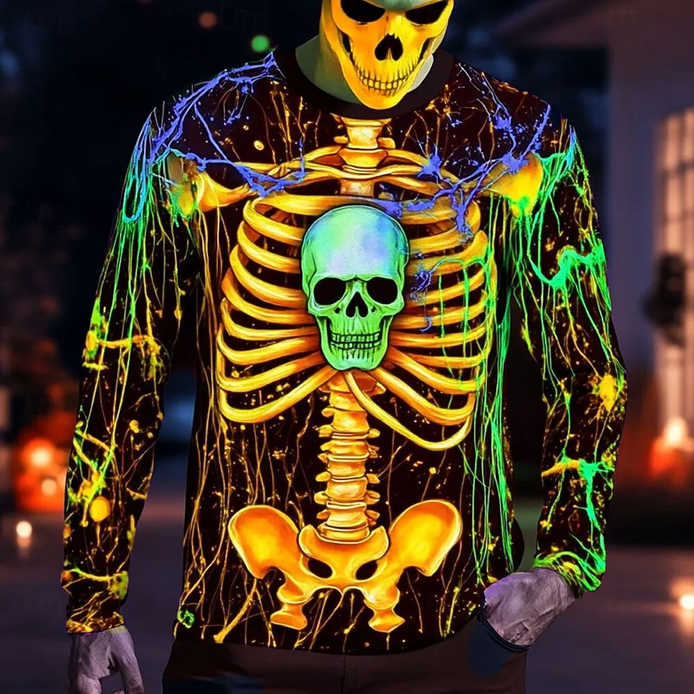 

Halloween Skeleton Printed Long Sleeve T-Shirts for Men Gothic Trendy Streetwear Casual Tops Halloween Theme Casual Tees