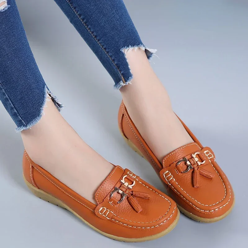 2024 Women Flats Genuine Leather Shoes Woman Platform Casual Soft Women\'s Loafers Shallow Slip On Shoes Women Nurse Ladies Shoes