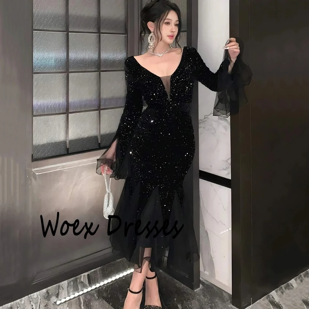 Customized Black O-neck Jersey Evening Dress Sparkly Sequined Full Sleeves Ruched Party Prom Tea-Length Prom Dress For Women