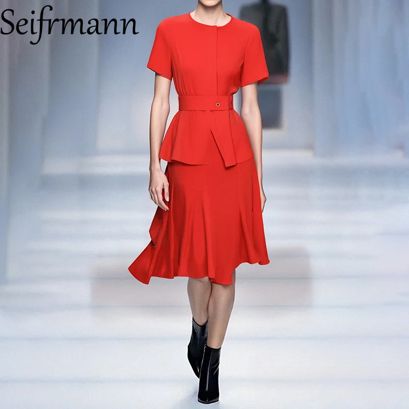 

Seifrmann Women's Clothing New Style Fashionable Round Neck Single Row Button Decoration Lotus Leaf Swing Short Sleeved Top With