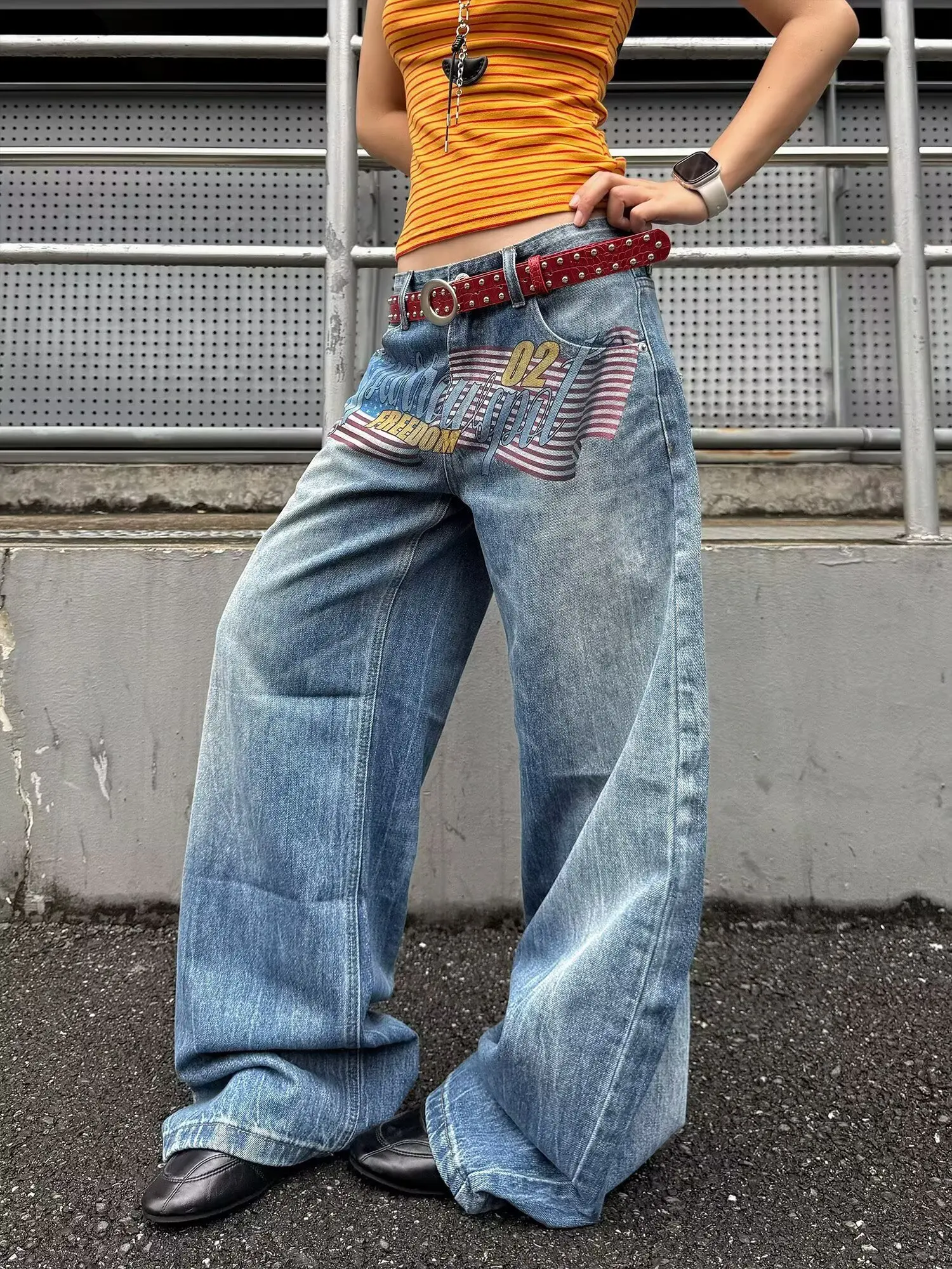  Retro American Design Flag Print Jeans Washed Knife Wide Leg Low Waist Denim Jeans Women Summer Long Trousers Casual Trousers