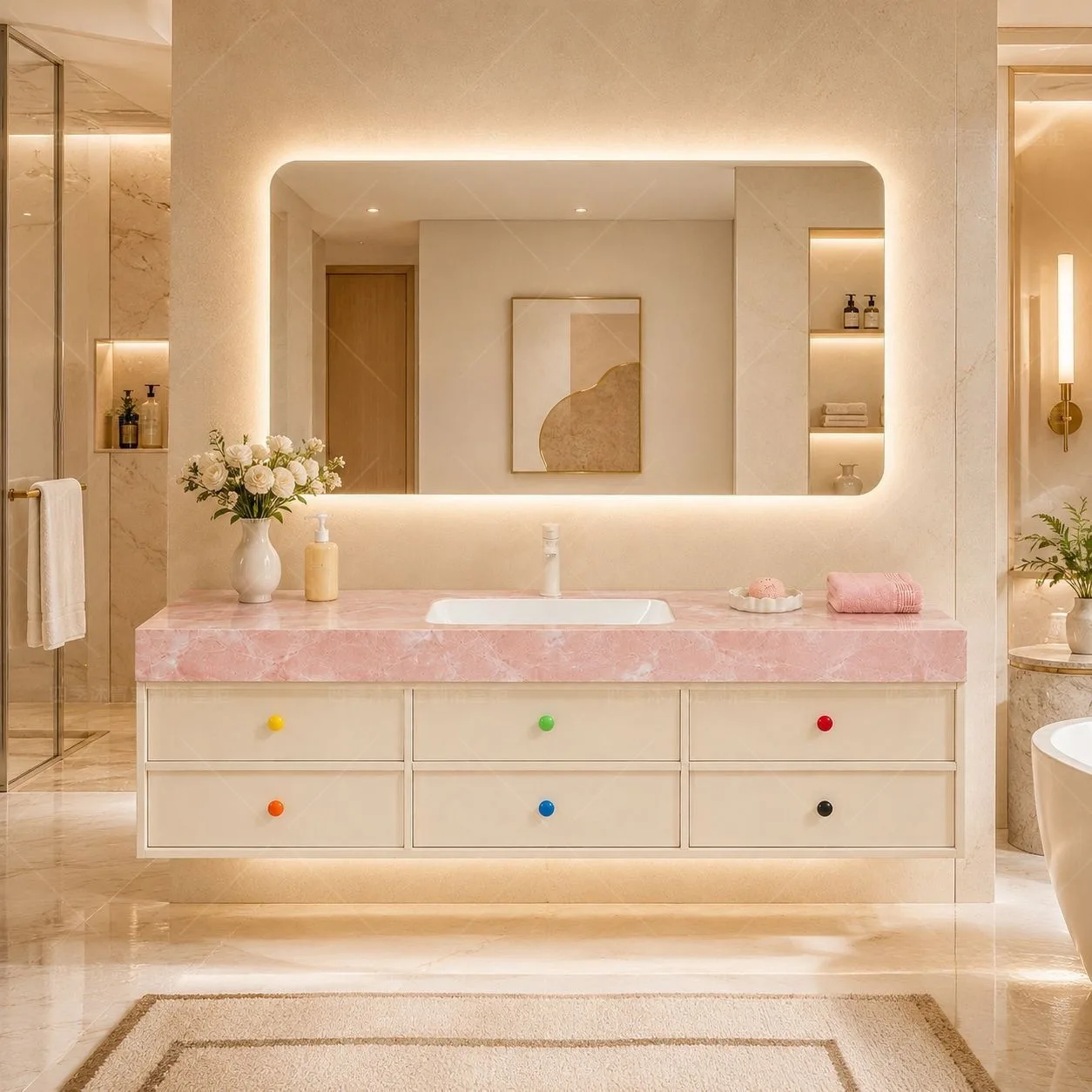 Four Seasons Pink Dopamine Bathroom Cabinet Pink Ceramic Wash Table Integrated Basin Toilet Wash Table Wash Table