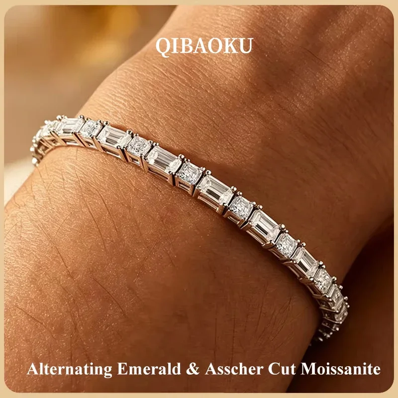 FCGJHW Alternating Emerald&Asscher Moissanite Tennis Bracelet S925 Silver Full Lab Diamond Link Bracelets for Women Ladies 2026