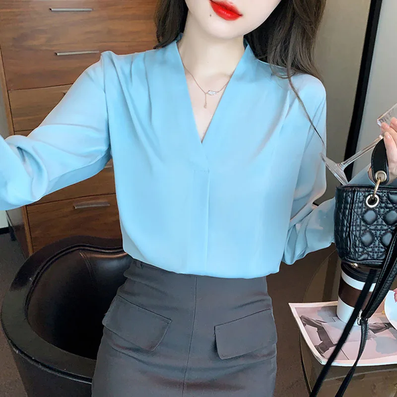 Mode Langarm V-Ausschnitt Frauen Bluse lässig Büro Dame weiß Chiffon Bluse Hemd Frauen Tops Blusas Mujer de Moda h925