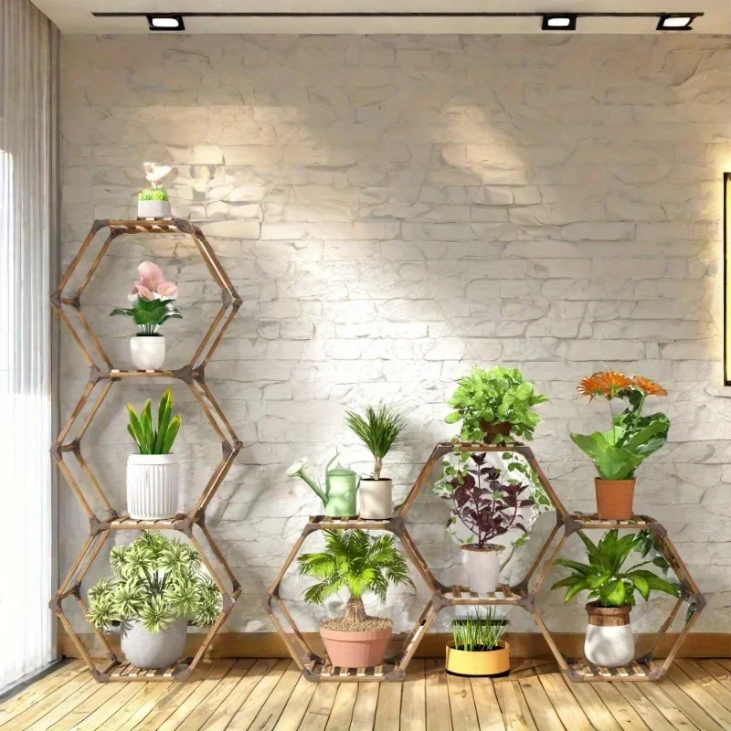 

Indoor Hexagonal Plant Stand, Outdoor 6 Potted Ladder Wooden PlantStand, Convertible Plant Pot Stands for Corner Wall Shelf