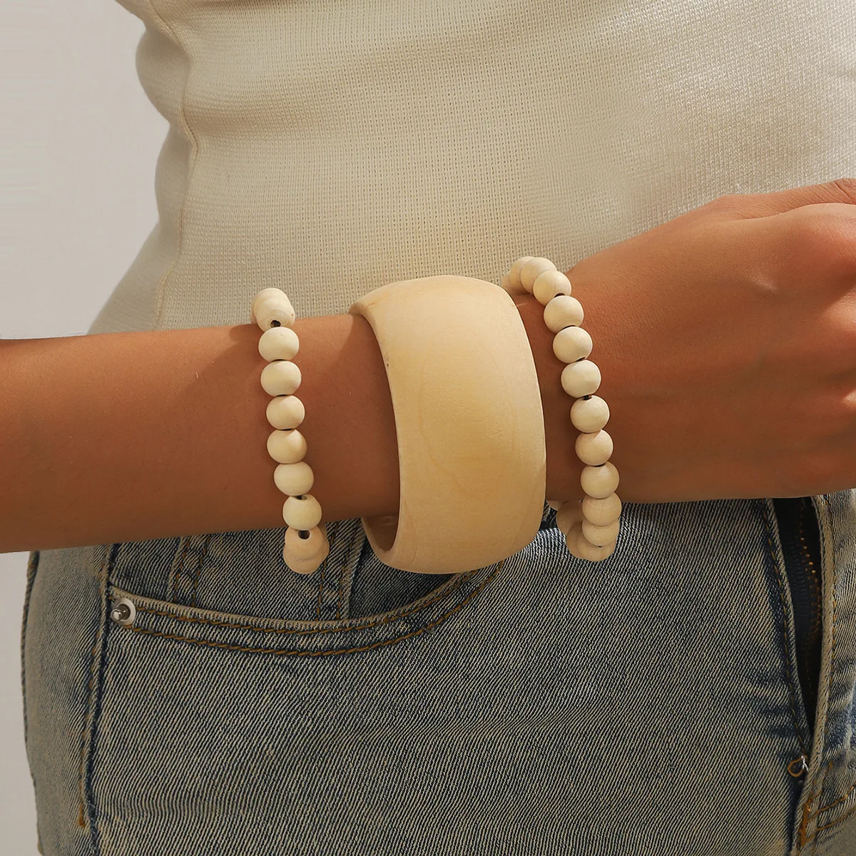 3 قطعة/المجموعة ميلارد خمر الشرير القهوة الأسود الخشب أساور موضة الهيب هوب الخرز الكرة هندسية أساور واسعة النساء الرجال سوار Je #2