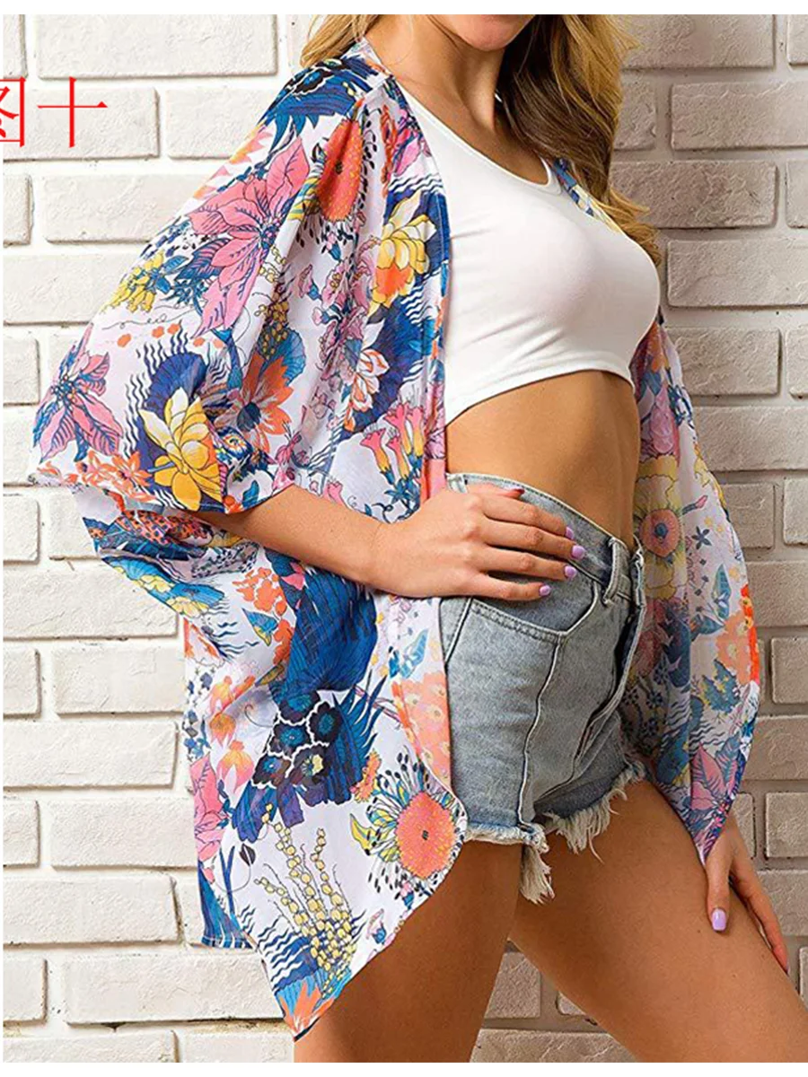 Fashion Printed Shawl Blouse Sun Protection Shirt Casual Cardigans Seaside Beach Poncho Chiffon Cape Shawl Beachwear Women Top