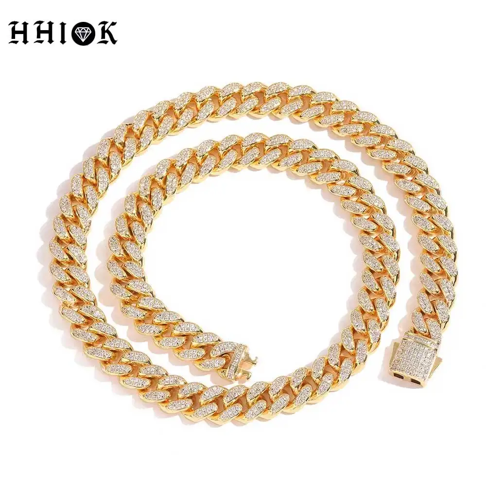 Hip Hop Jewelry 12MM Bling Iced Out CZ Cuban Link Chain Brass Necklace New Arrival 2 Rows Stone Miami Cuban Chain