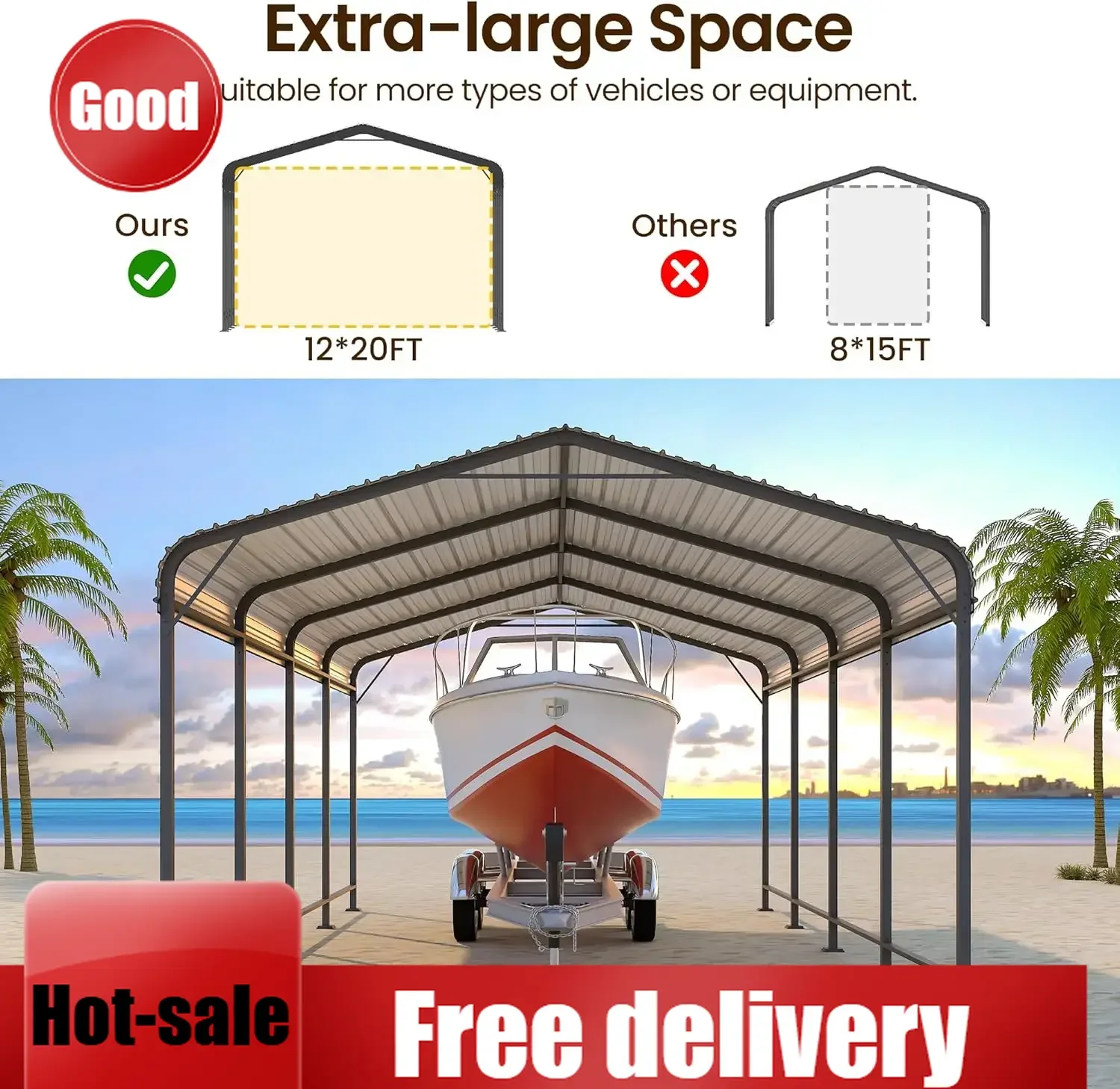 

Металлический навес для автомобиля 12x20 футов, сверхпрочный навес-тент с усиленной рамой и основанием для использования в любую погоду, уличный гараж