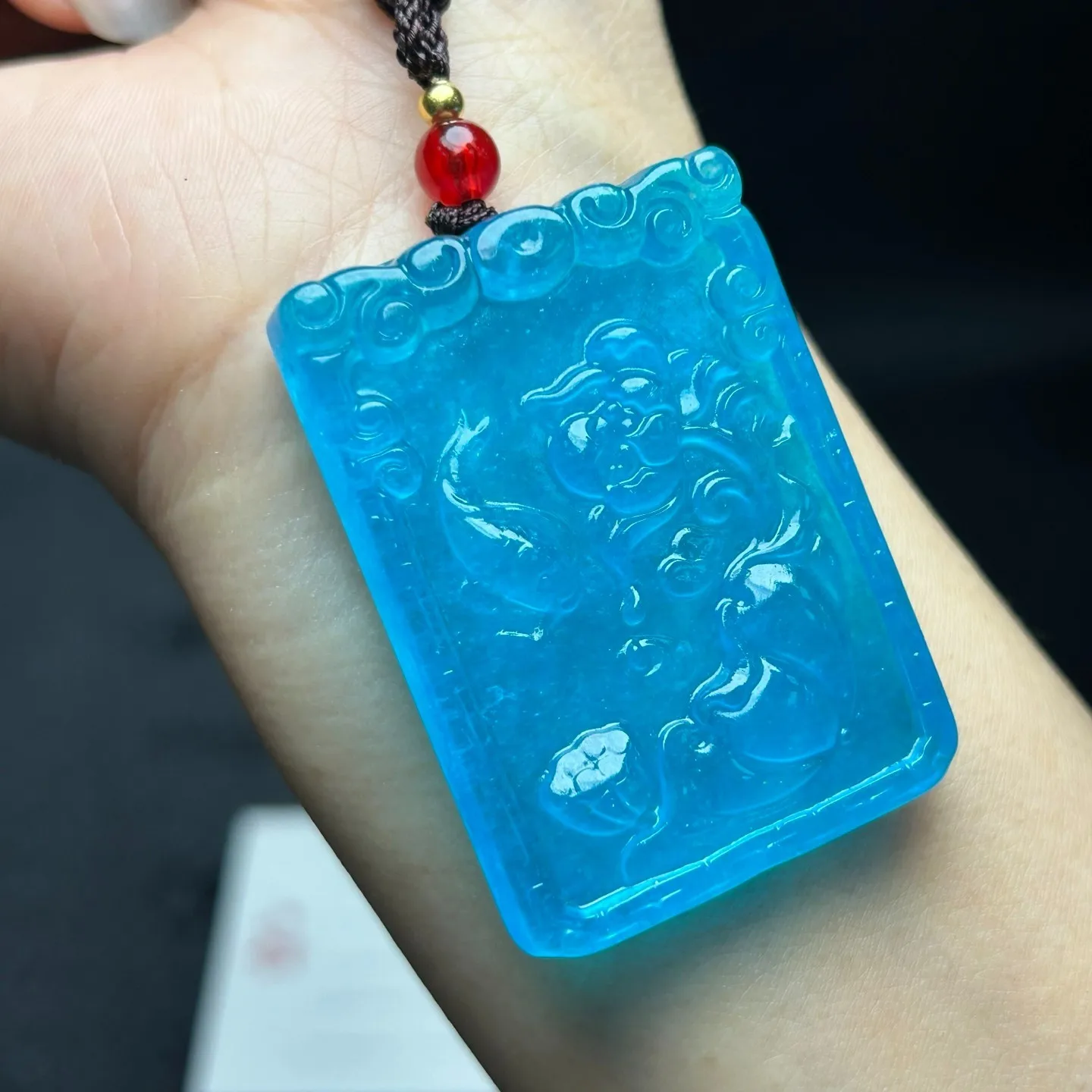 Nature ice Blue Burmese Jade Jadeite Carved fish lucky amulet Pendant&Necklaces