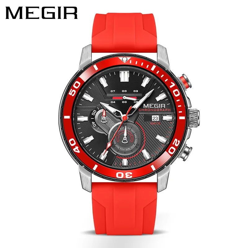MEGIR 2224 Men Quartz Watch Sport Fashion Creative Cool Orange Silicone Strap Chronograph Luminous Date Wristwatch for Male