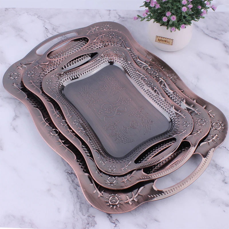 

Metal Serving Tray Retro Stainless Steel Dessert Cake Plate Tea Cup Coffee Storage Tray with Handle Home Party Restaurant Decor