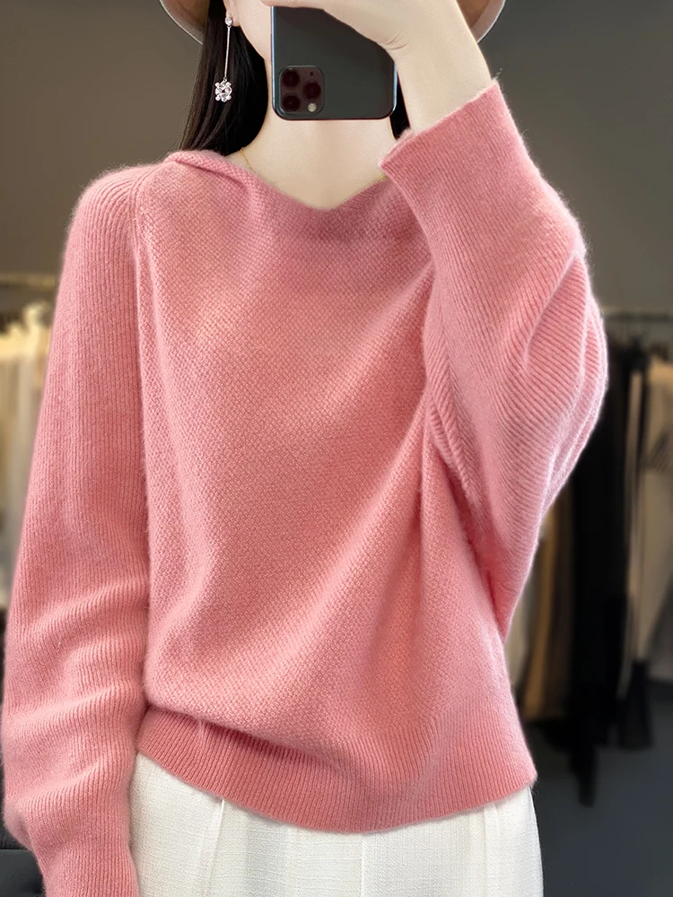 100% suéter de lana merina nueva primavera Otoño Invierno sudaderas con capucha mujeres suéter sólido Casual manga de murciélago prendas de punto Tops