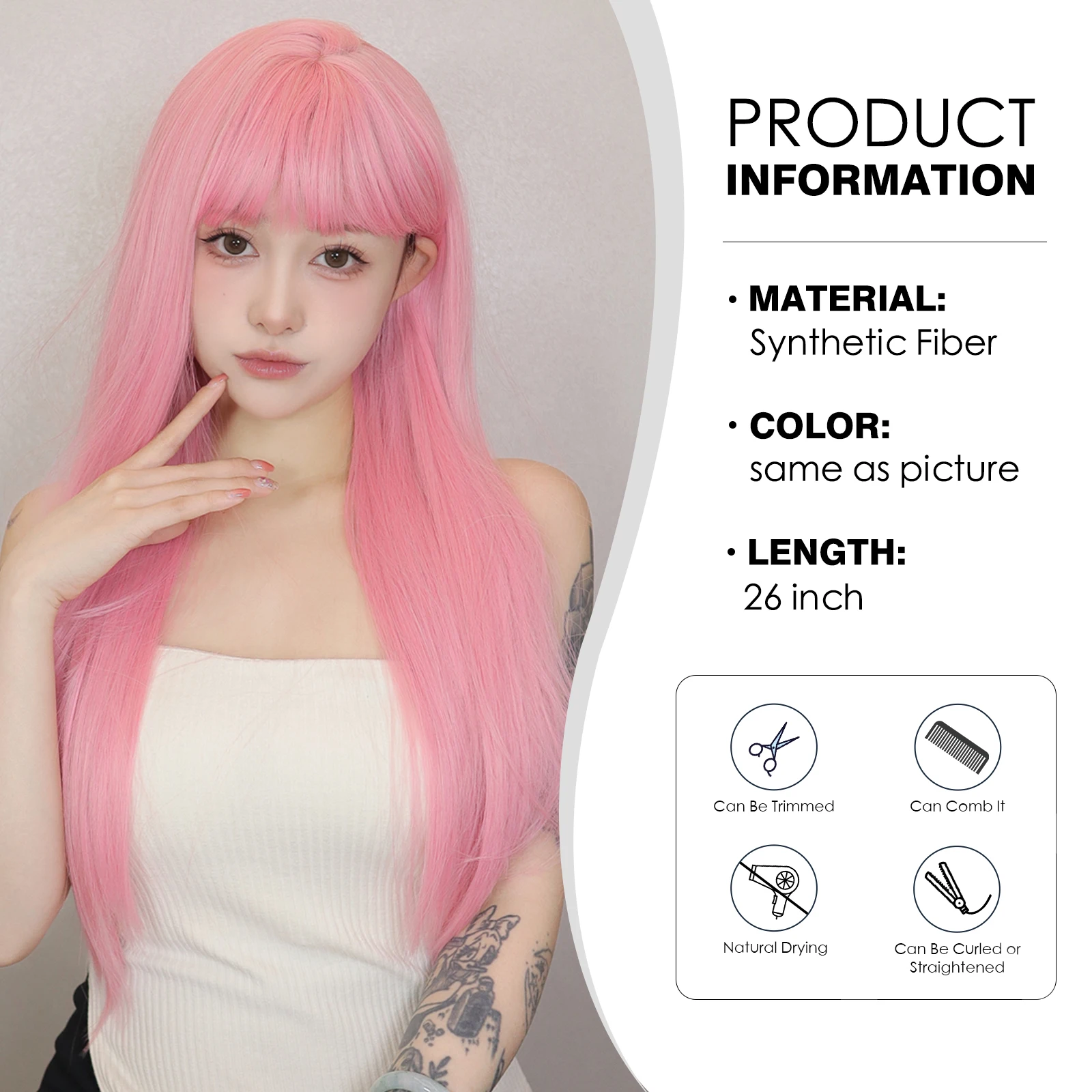 Perruque Synthétique Longue Lisse Rose avec Frange pour Femme, Cosplay, Cheveux Naturels, Lolita, Degré de Chaleur, ix, 03/Faux Cheveux