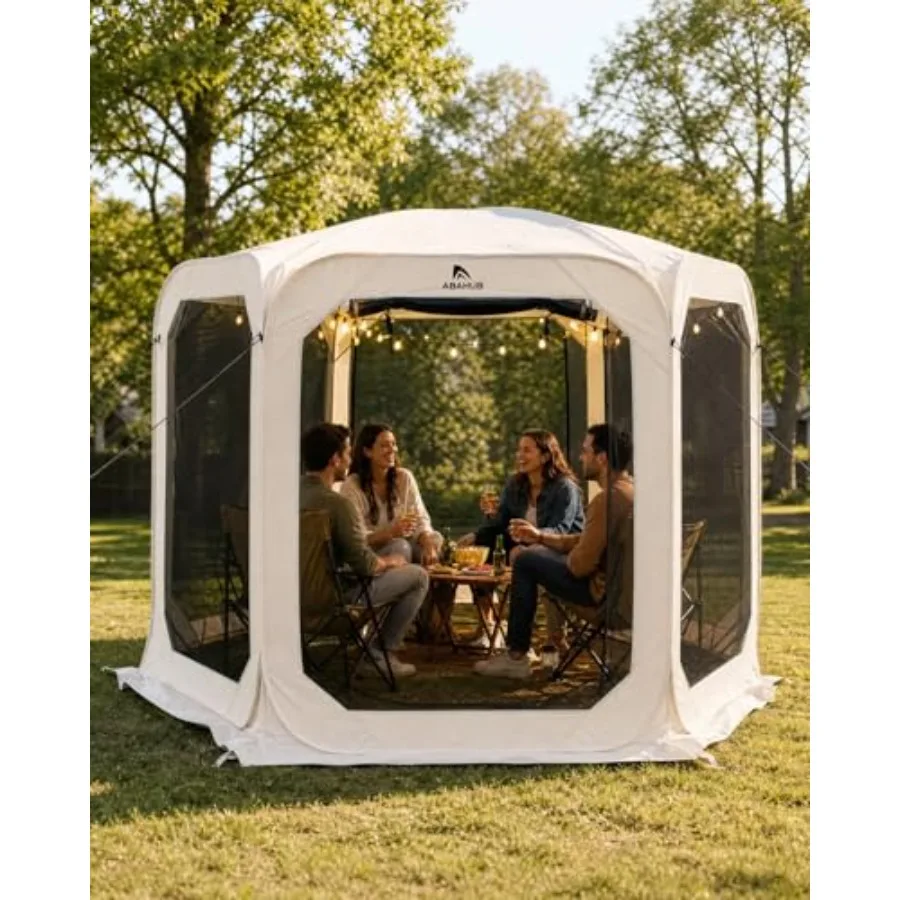 

Pop Up Screen House Tent for 6-8 Person, 9.8 x 9.8 FT, Beige Polyester Screen Room Gazebo with Instant Setup Carry Bag for Pati