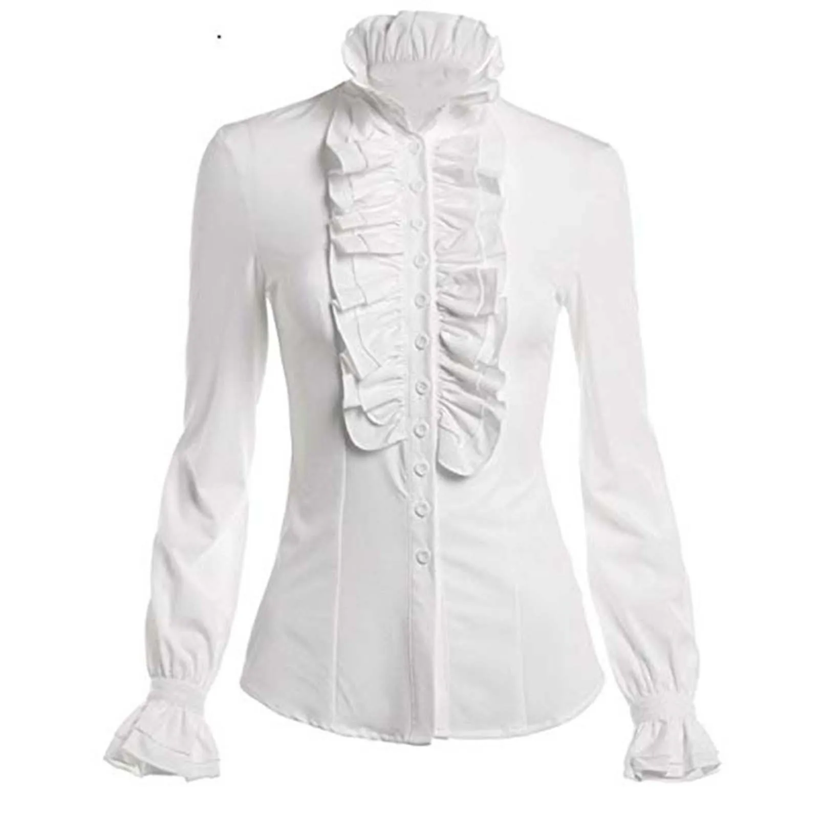 Medieval Women Ruffled Tie Shirt Blouse Solid Color Victorian Single Breasted Long Sleeve Top Renaissance Cosplay Costumes